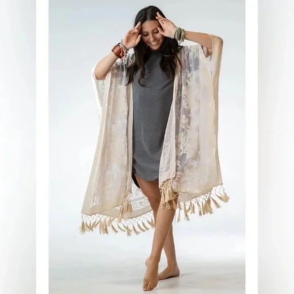 SOLD OUT Nude Floral Velvet Burnout Tassel Kimono Open Wrap Coverup Top One Size - Picture 2 of 6
